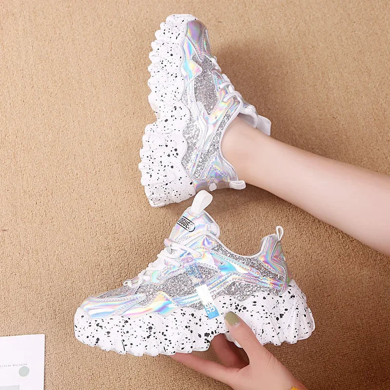 Comemore Women New Bling Platform Sneakers for Girls Casual Chunky Sneaker 6cm Thick Bottom Sports Shoes Platform Red Silver 40