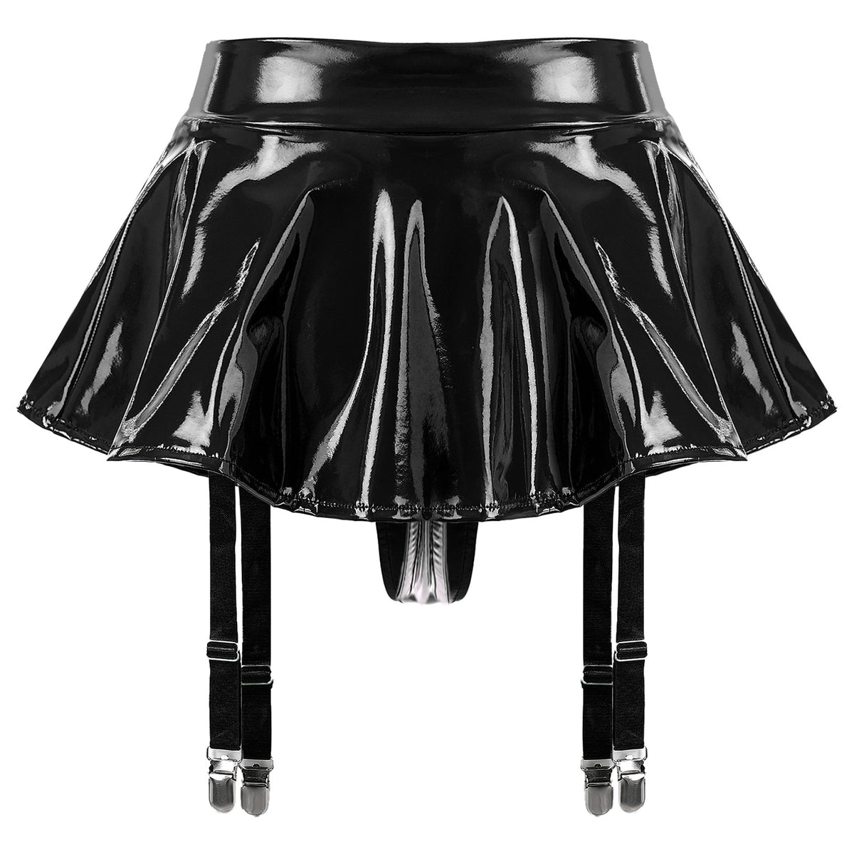 Sexy Damen Wetlook PVC Leder Rüschenröcke Party Low Waist Eingebaute Strings Minirock mit Strumpfhalter Metallclips Set Club