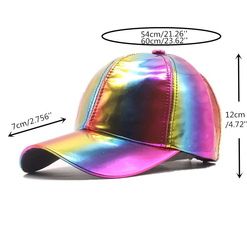 Rainbow Holographic Baseball Cap Shiny PU Leather Snapback Hat for Men Women Hip Hop Street Dance Party Cap