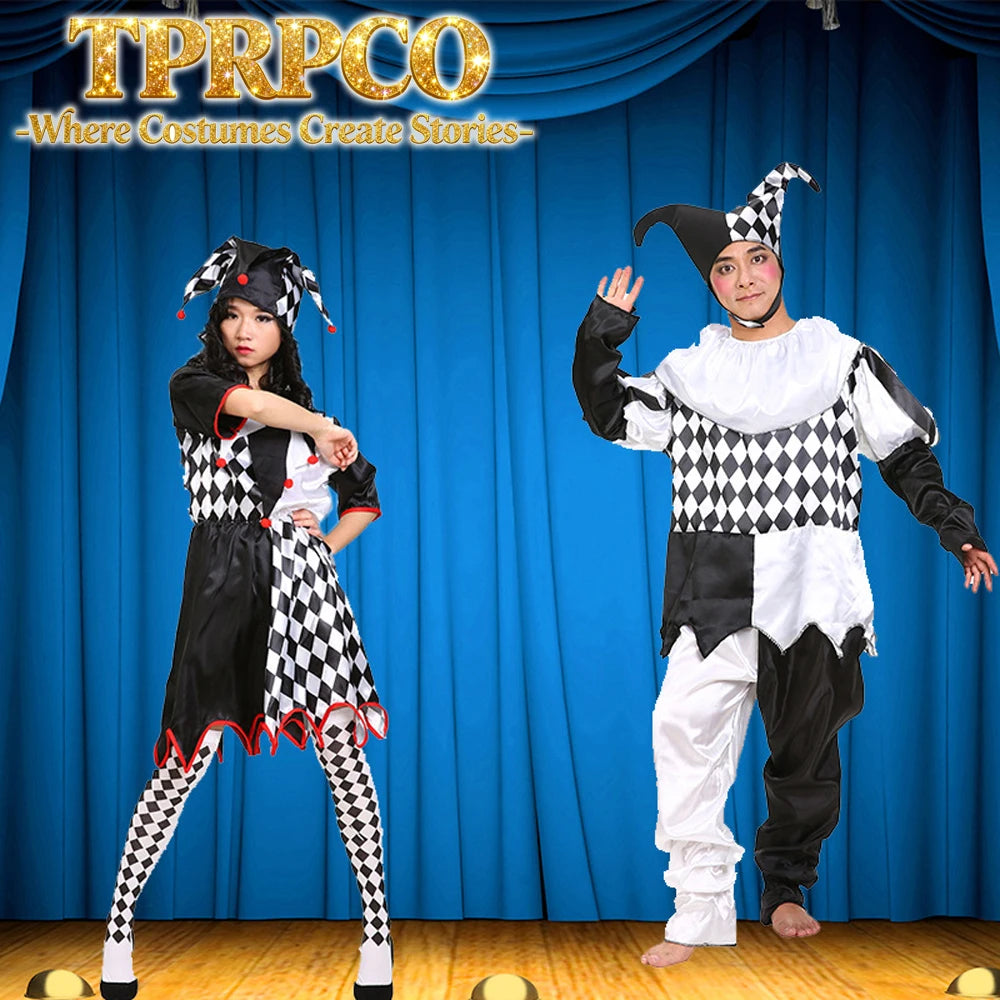 Halloween Carnival Costumes Funny Fun Cosplay Black and White Splicing Clown Costume with Hat for Man Women Innovative Set