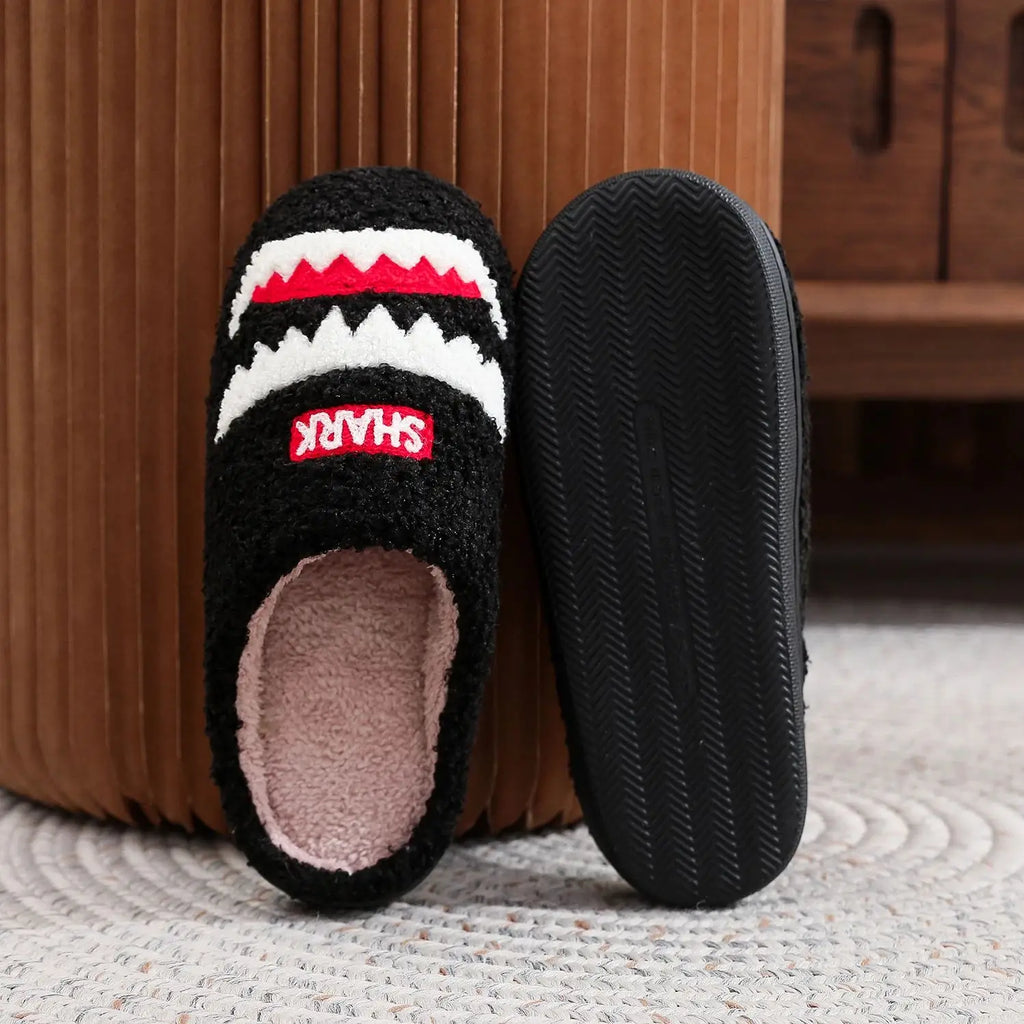 Shark Pattern Embroidery stuffed Home Platform Cozy Fur Slippers Black Warm Non-slip Indoor Slippers Couple Men Women Wearable casual Slippers