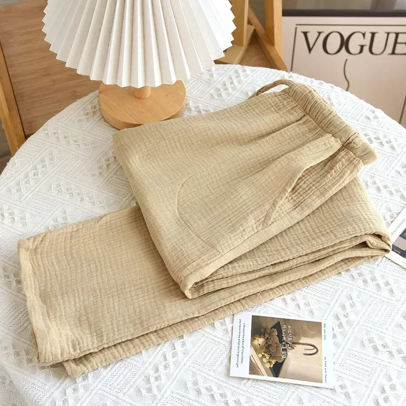 Spring New Pajamas Pants for Women Crepe 100% Cotton Loose Casual Straight Trousers Home Clothes Checkerboard Sleep Pants