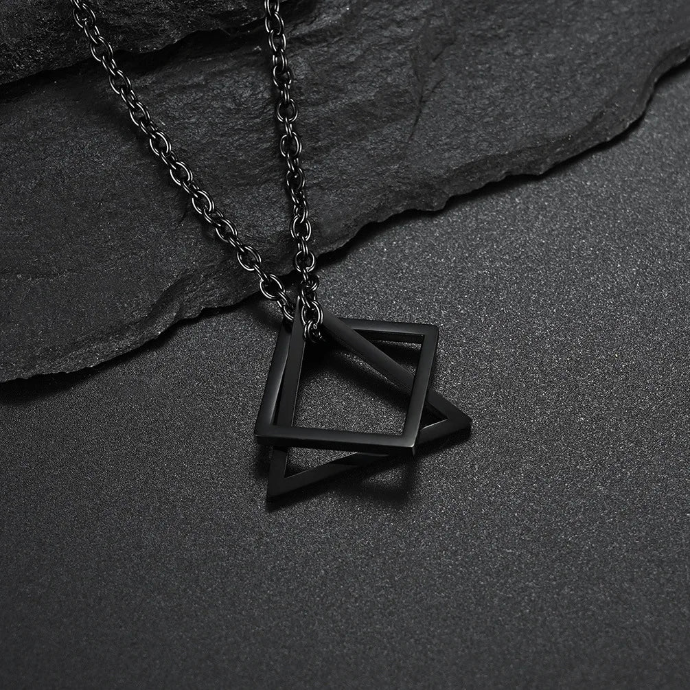 Geometry Interlocking Square Triangle Male Pendant for Men Stainless Steel Modern Trendy Geometric Stacking Streetwear Necklace