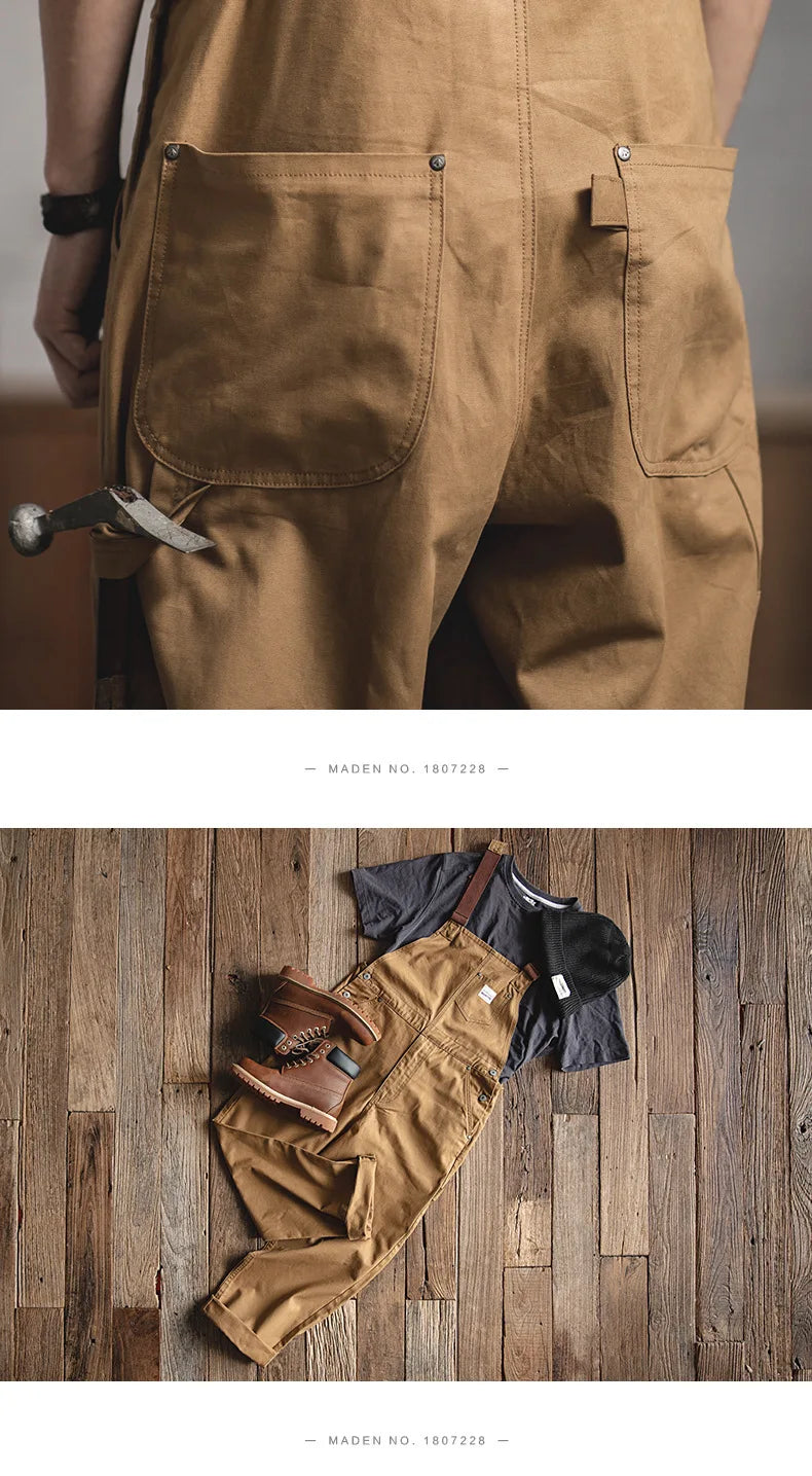 Japanese Vintage Khaki Suspenders Bibs Spring Autumn Canvas Cargo Pants Streetwear Men Rompers Full Length Trousers Jumpsuits