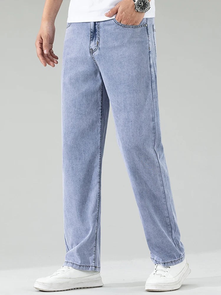 Lyocell Men's Black Jeans Summer Thin Loose Straight Soft Ice Silk Casual business Denim Pants male Elastic Wide Trousers