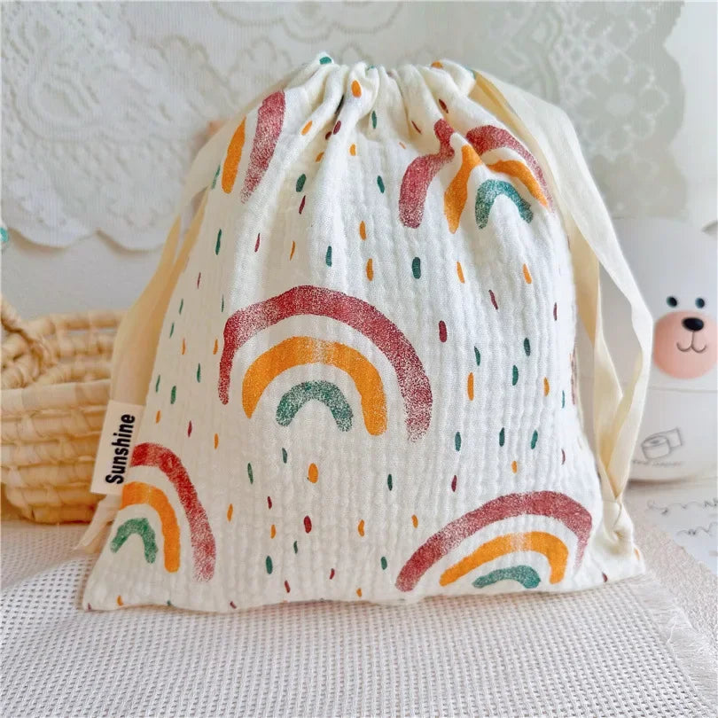 Natural Cotton Mommy Storage Bags Outdoor Baby Diaper Carrier Cute Sunshine Rainbow Printing Drawstring Pouches 27x25cm
