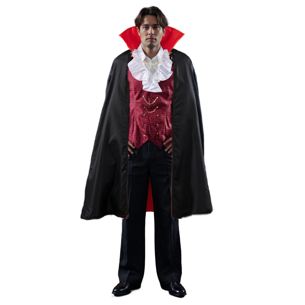 Men Vampire Costumes Long Sleeve Shirts with Attached Vests and Cloak Set for Halloween Cosplay Party Outfits