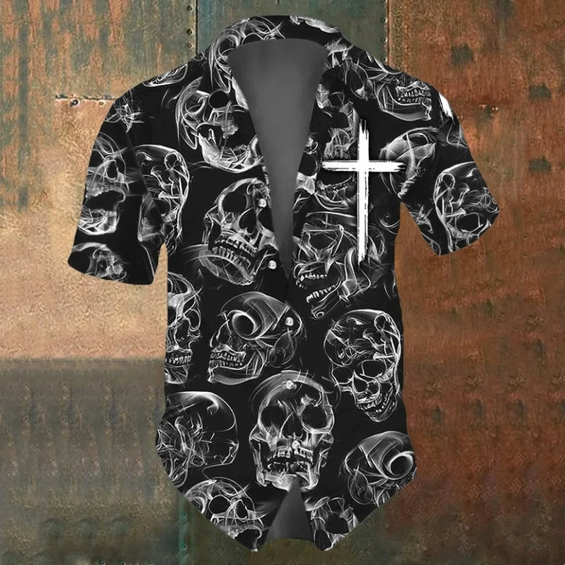 Cool Skull Graphic Beach Shirt For Men Flower Cross Butterfly 3D Print Hawaiian Shirts Summer Vacation Loose Short Sleeve Blouse