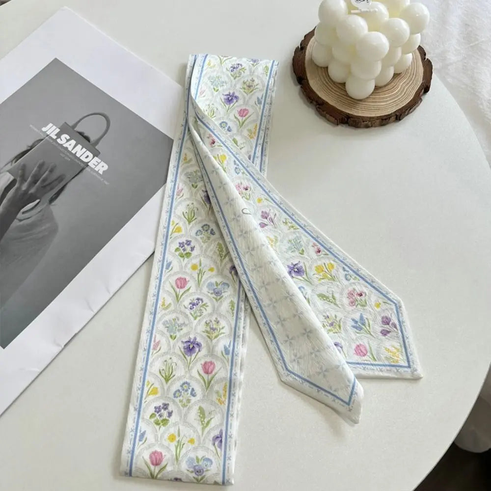 Summer Versatile Satin Silk Ribbon Scarf Fresh Floral Narrow Hair Tie Long Thin Fashion Accessory for Women Bag Strap