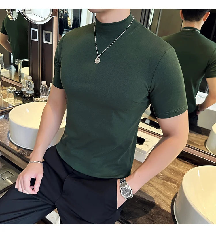 Spring Summer Men's Half High Neck Short Sleeve T-shirt Korean Slim Fit Solid Color Bottom Shirt Casual Cotton Elastic T-shirts