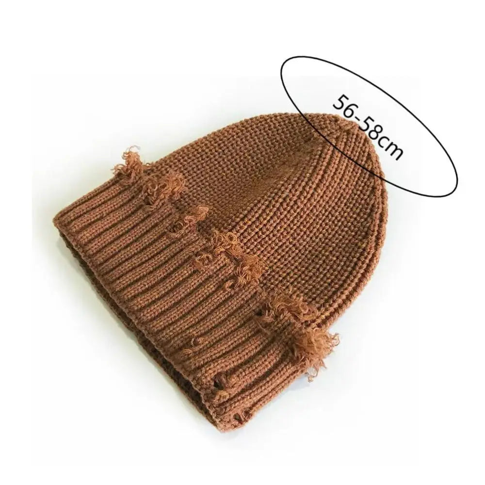 Solid Color Dilapidated Hole Knitted Hat Thickened Ear Protection Warm Cap Beanie Cap Hip-Hop Hat Unisex Pompoms Hat