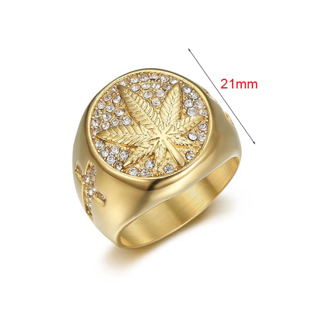 Hip Hop Iced Out Bling Hemp Leaf Ring Male Gold Color Stinless Steel Cubic Zirconia Rings For Men Fashion Party Jewelry Gift