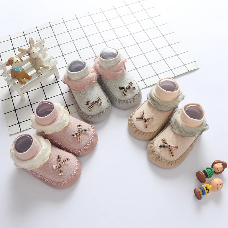 Baby Walking Socks Soft Sole Shoes 0-2Year Newborn Early Education Adhesive Anti Slip Floor Sock Cute Bow Shoe Kids Footwear