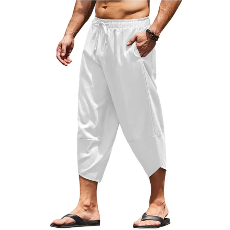 Men's Capri Summer Cotton and Linen Pants Pants Solid Color Scarf Elastic Waist Clamping Cord 3/4 Length Shorts Baggy Casual Pan