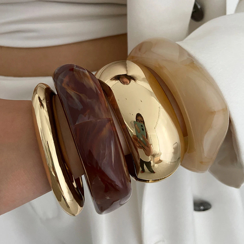 SHIXIN Vintage Brown Coffee Acrylic Resin Chunky Bangle Bracelet for Women Punk Metal Irregular Spring Open Bangle Men Jewelry