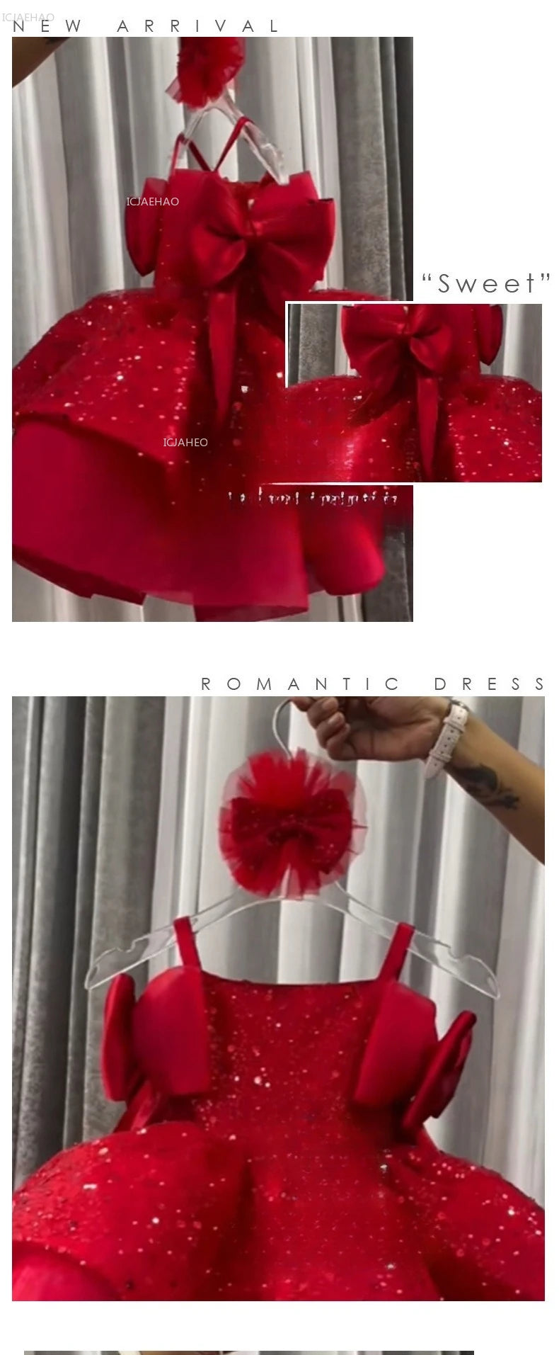 New Children Girls Red Sequin Party Dress Puffy Tulle Princess Gown for Kids Birthday Christmas Celebration Pageant Formal Wear
