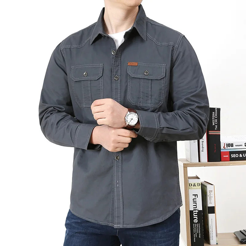Chaqueta cargo de talla grande 6XL para hombre, 100 % algodón, de alta calidad, a la moda, para primavera y otoño, de manga larga, color liso, informal, con múltiples bolsillos