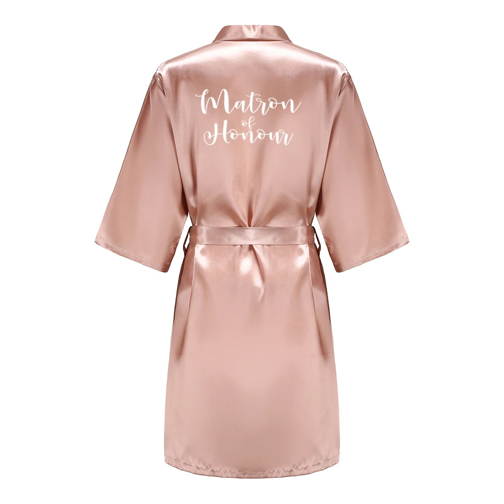 Women's Satin Kimono Robes With White Letter Bride Bridesmaid Short Getting Ready Wedding Dressing Gown