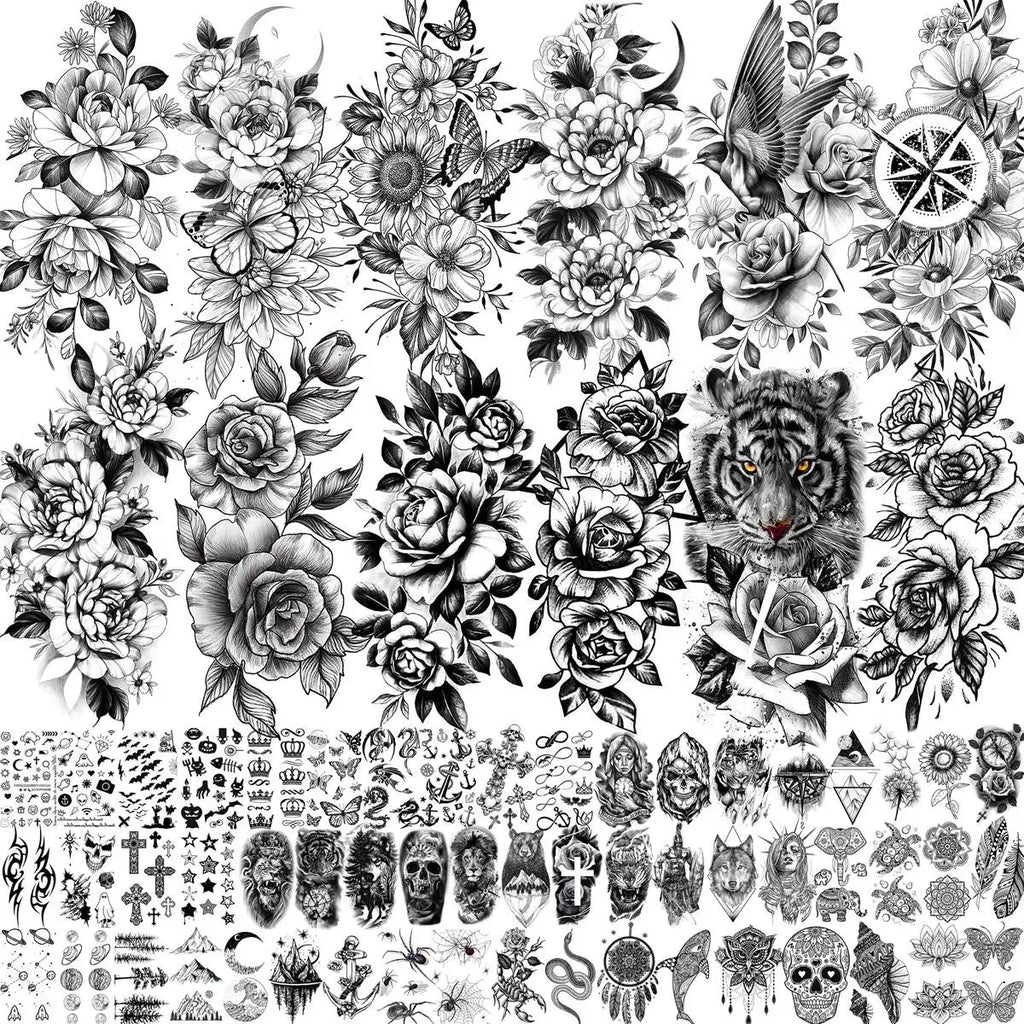 67 Sheets Black Realistic Flower Temporary Tattoos For Women Arm Thigh, 3D Rose Peony Floral Temp Tattoo Stickers Tiger Moon,