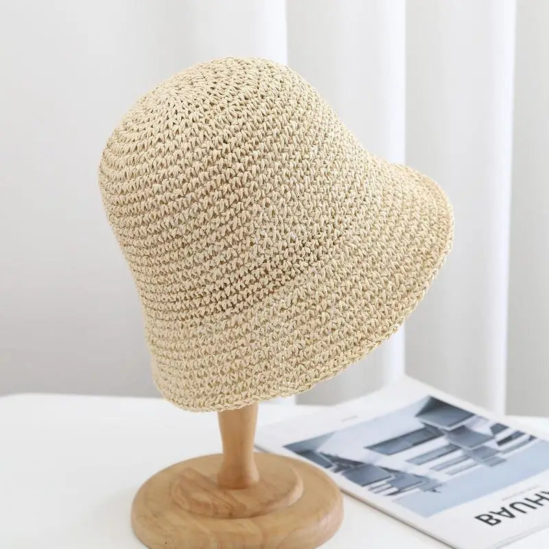 Summer Woven Straw Hat Ladies Beach Hat Sun Hat Wide Brim Soft Simple Fisherman Hat Panama Straw Dome Woven Bucket Hat