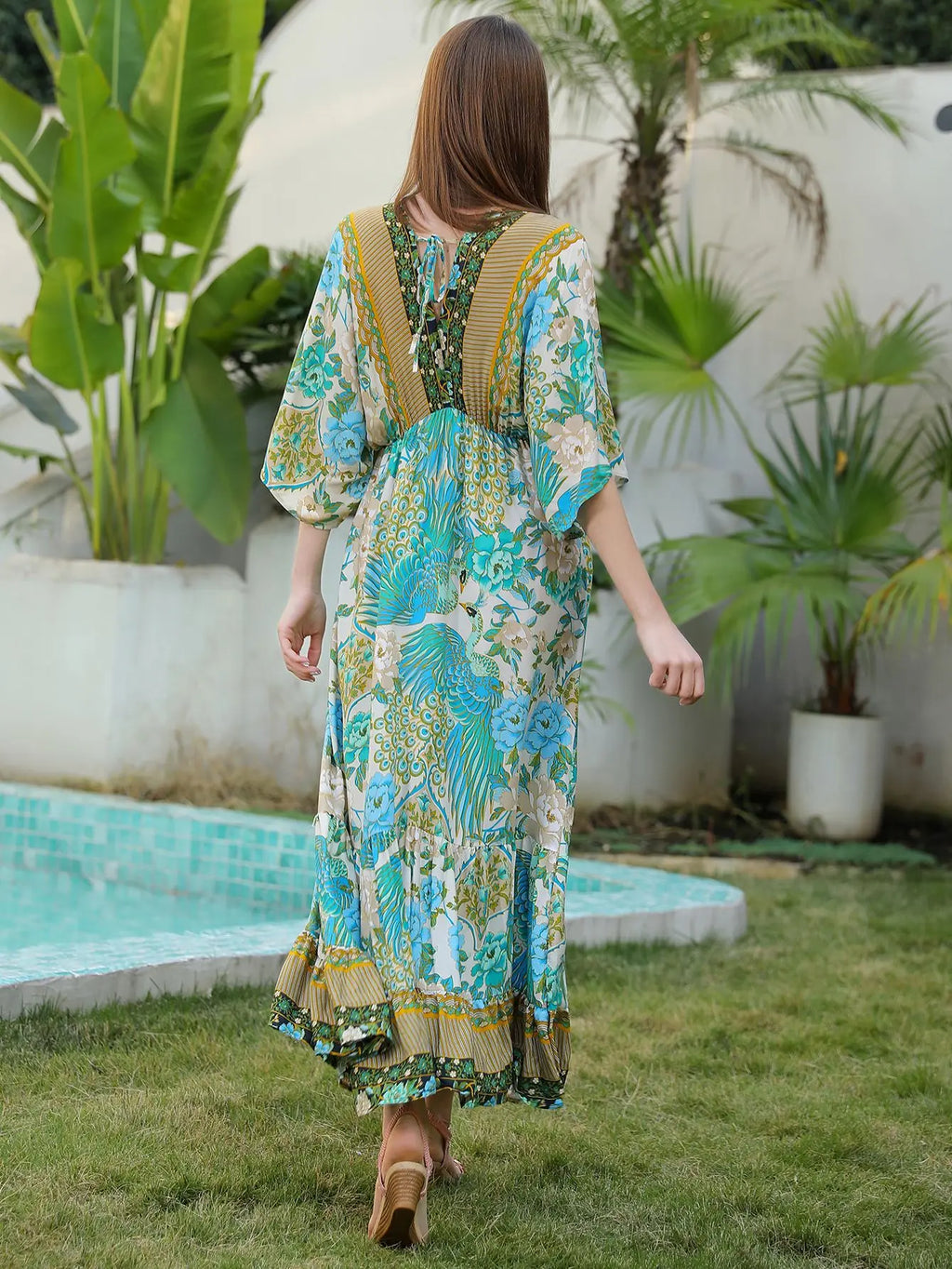 Bohemian Oversize Loose Elastic Waist Maxi Dresses Women Robe Cotton Rayon Floral Printed Long Dress Summer Boho Beach Cover up