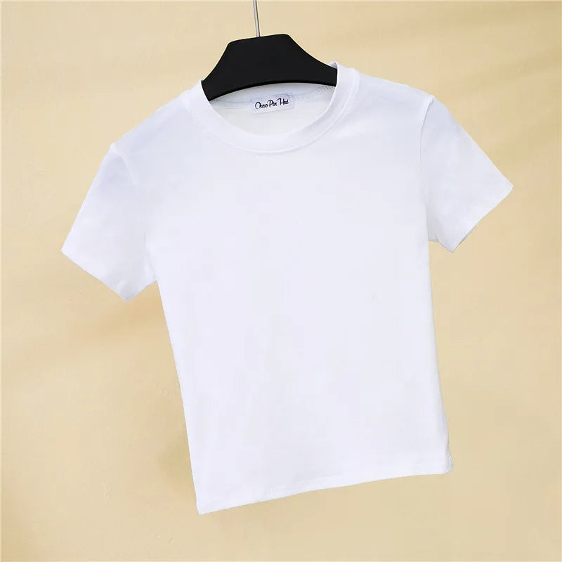 2023 Summer Crop Tops Women T-Shirt Casual Turtleneck Tee Shirt Woman Solid Cotton T Shirt Short Sleeve Top Tees Slim T-shirt
