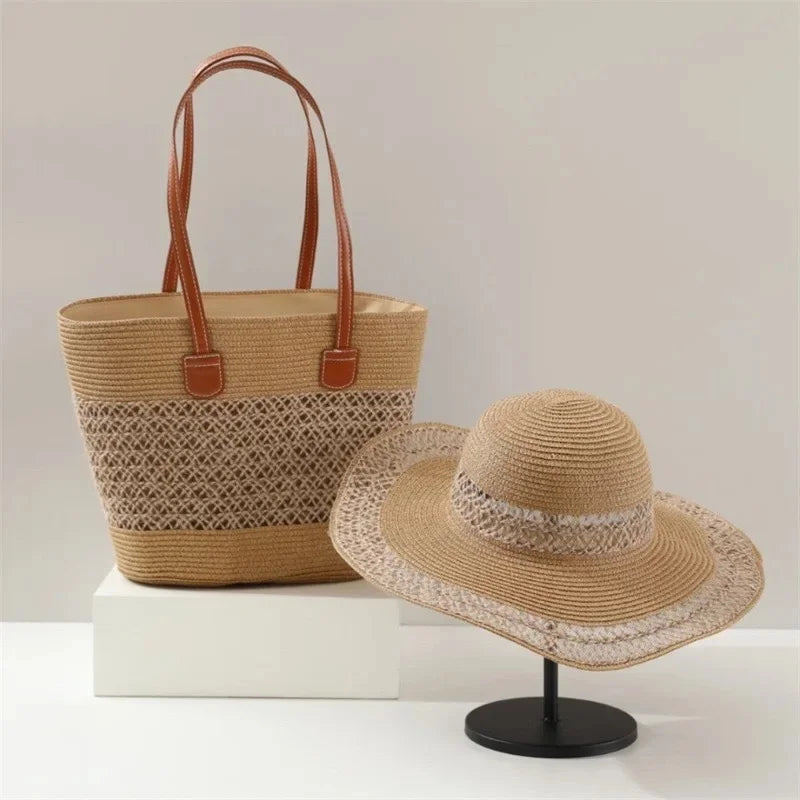 Large Capacity Straw Woven Bag And Hat Set for Outdoor Travel Face Slimming Wide Brim Sunshade Tote Bag Trendy Bucket Handbag