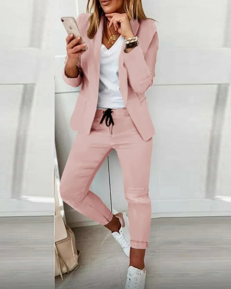 Traje de oficina formal de dos piezas para mujer 2026, conjunto de blazer y pantalón ajustado con bolsillo, solapa, conjuntos de oficina para mujer, chándal de 2 piezas