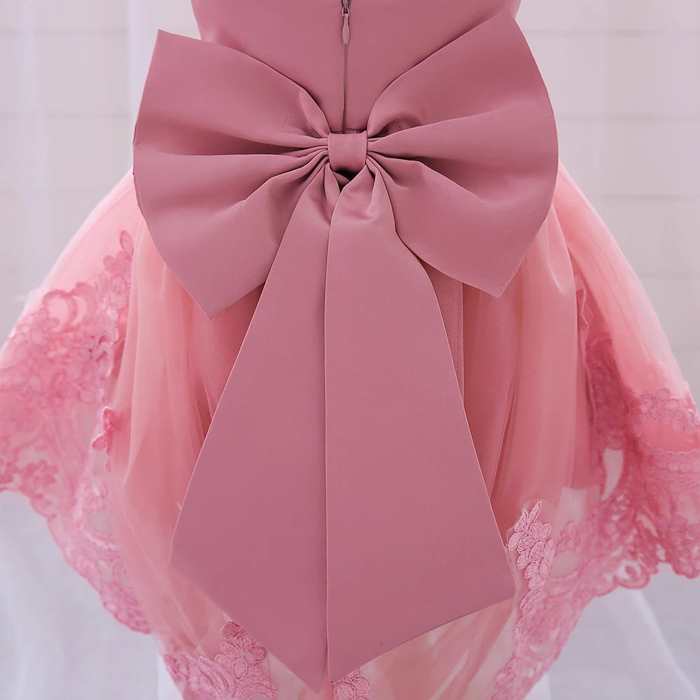 Toddler Bow Baby Dress For Girls Beading Tulle Princess 1st Birthday Embroidery Kids Party Dresses for Girl Pink Baptism Costume