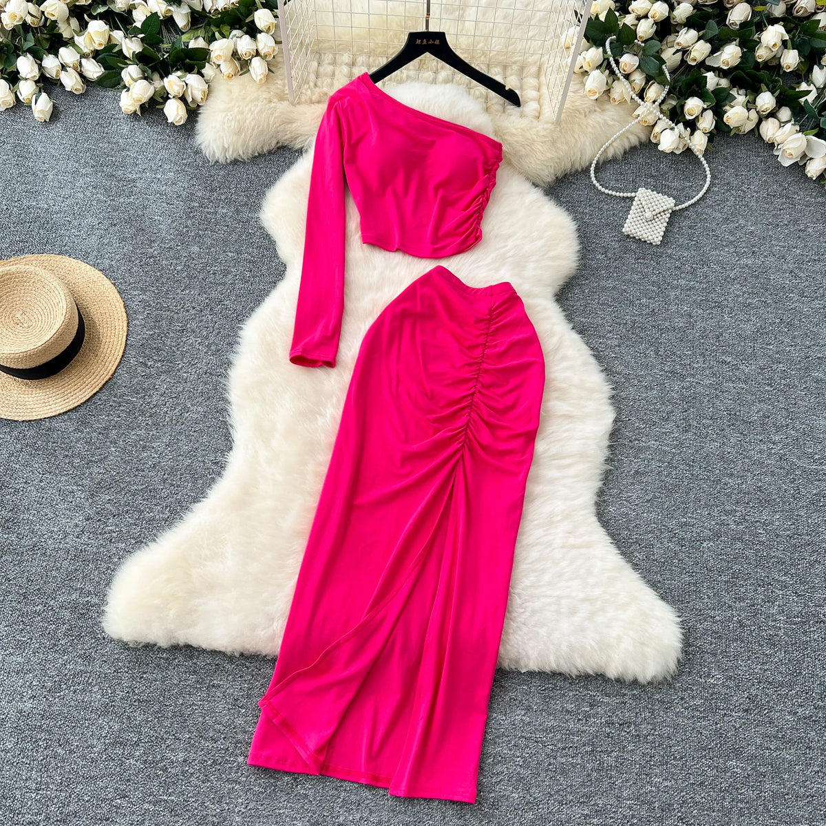 Chic Two-piece Sets One Shoulder Long Sleeve Diagonal Collar Blouse Basics High Waist Split Skirt High Street Vintage Clothing