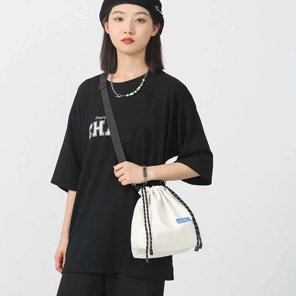 INS Nylon Drawstring Bucket Bag Casual Adjustable Korean Style Shoulder Bag Portable Black/White/Yellow Men Crossbody Bag Travel
