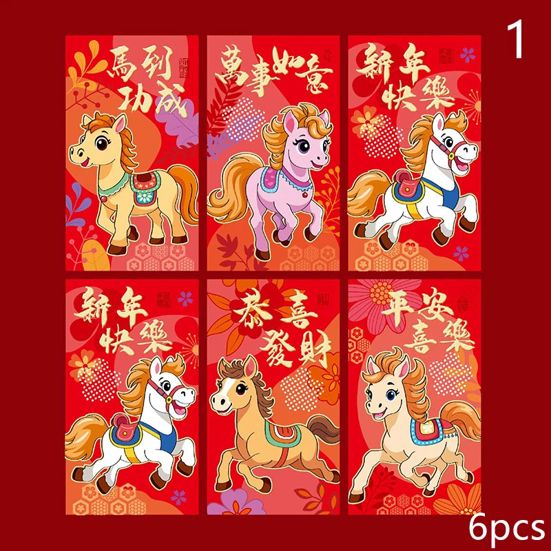 6 Pcs 2026 New Year Red Envelope Chinese Spring Festival Lucky Money Pockets Year of the Horse Lunar Year Celebration Supplies