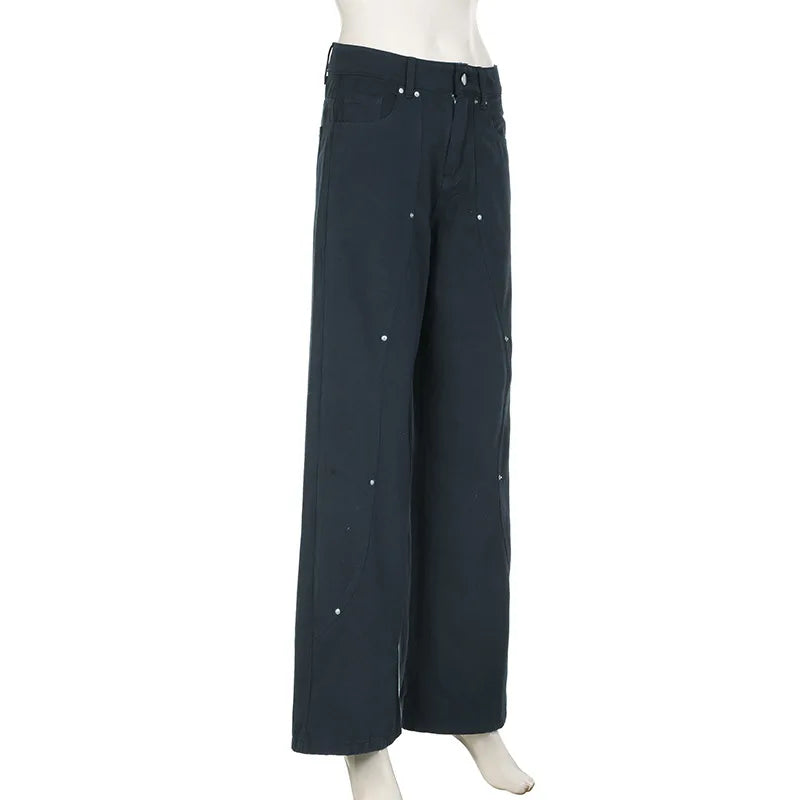 BKQU Fashion Straight Wide Leg Pants Women Baggy Jeans 2024 New American High Waist Irregular Rivets Design Wash Denim Trousers