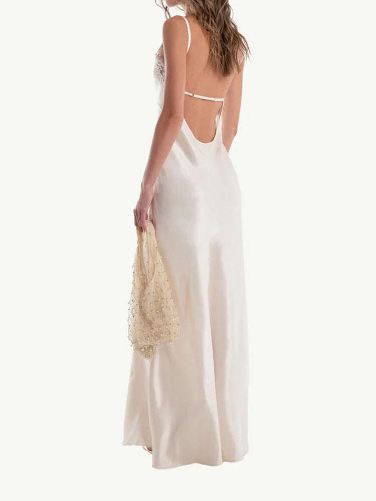 Chic Lace Patchwork Sling Maxi Dress Women Sexy V-neck Sleeveless Backless Satin Slim Long Gown Lady Evening Party Dresses 2026