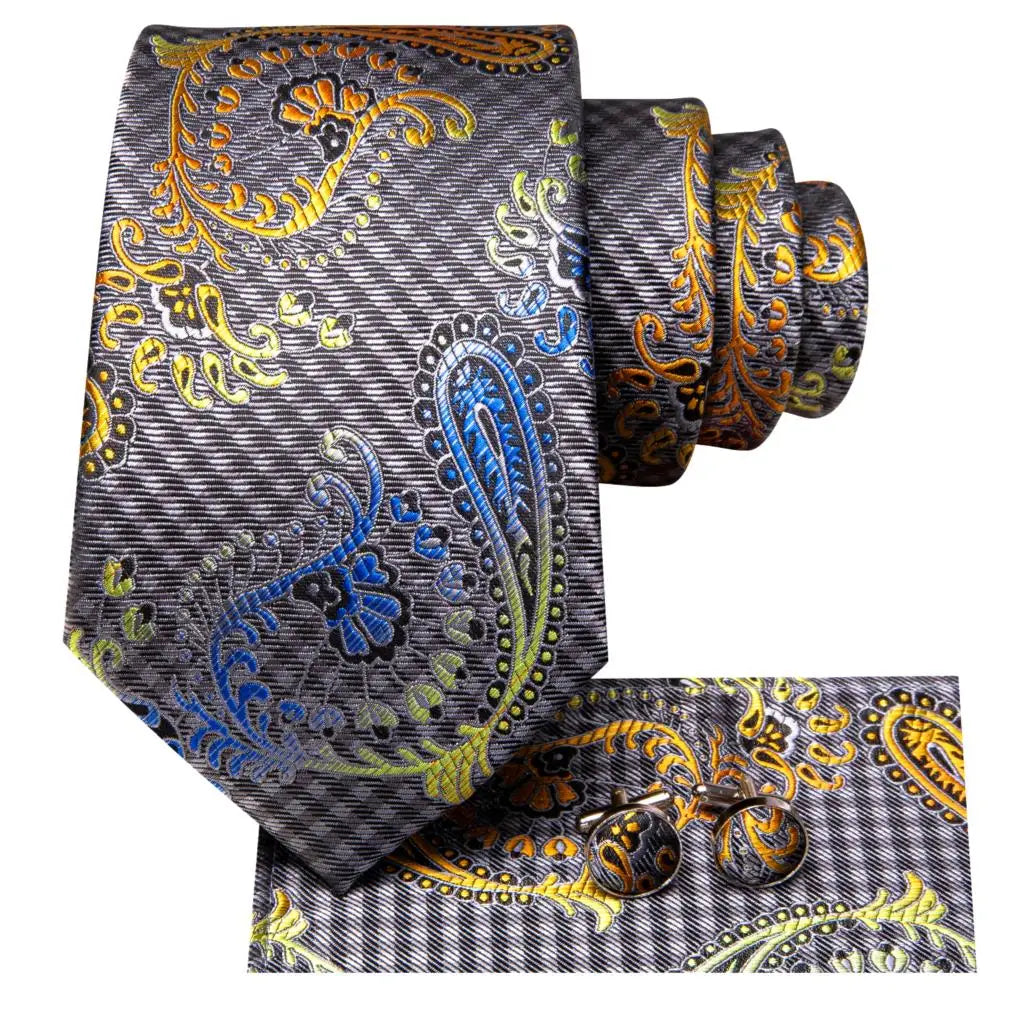 Hi-Tie White Grey Paisley 2026 New Mens Tie Hanky Cufflink Set Necktie For Men Wedding Party Business Men Tie Fashion Brand