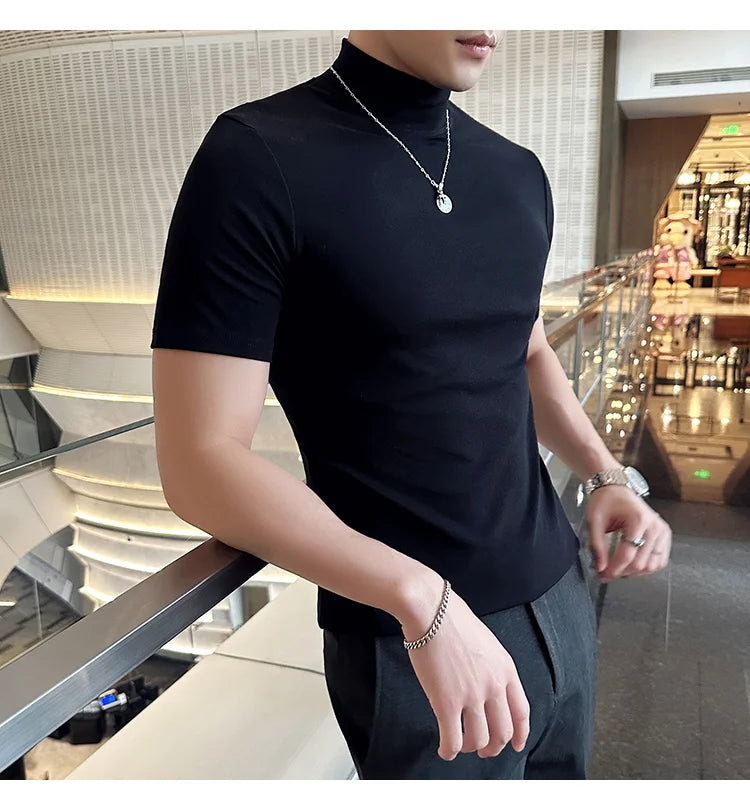 Spring Summer Men's Half High Neck Short Sleeve T-shirt Korean Slim Fit Solid Color Bottom Shirt Casual Cotton Elastic T-shirts