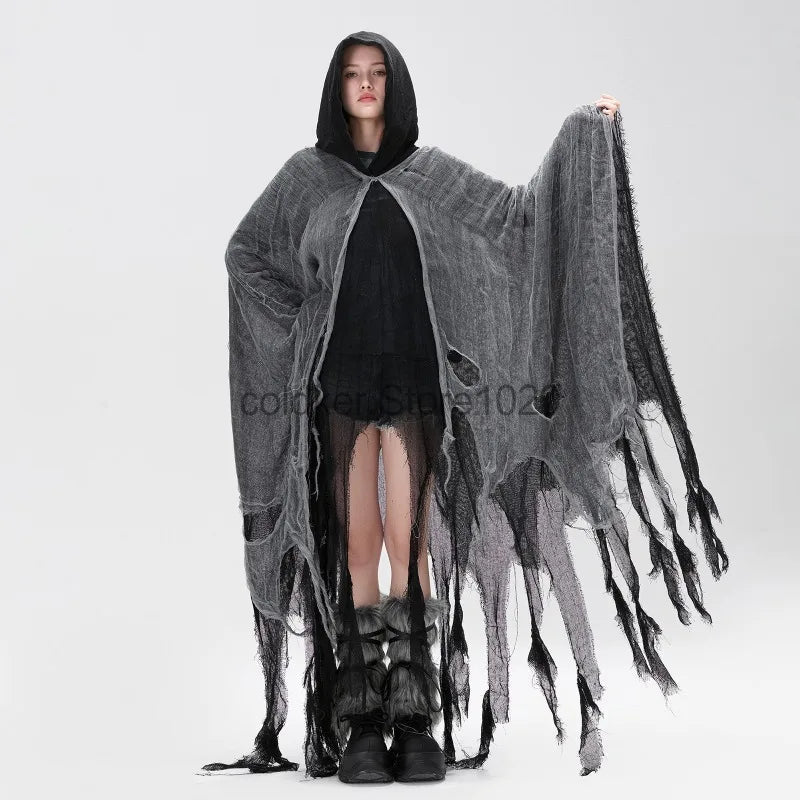 Adult Halloween Ghost Dementors Cosplay Costume Men Women Horror Zombie Tattered Hooded Cloaks Day Of The Dead Party Outfit Cape