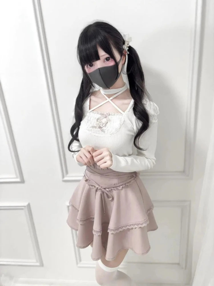 Herbst Lolita Pullover Frauen T-Shirts Subkultur Vintage Fake Two Tops Süße Kawaii Schleife Slim Fit Elegante Tees Damenbekleidung