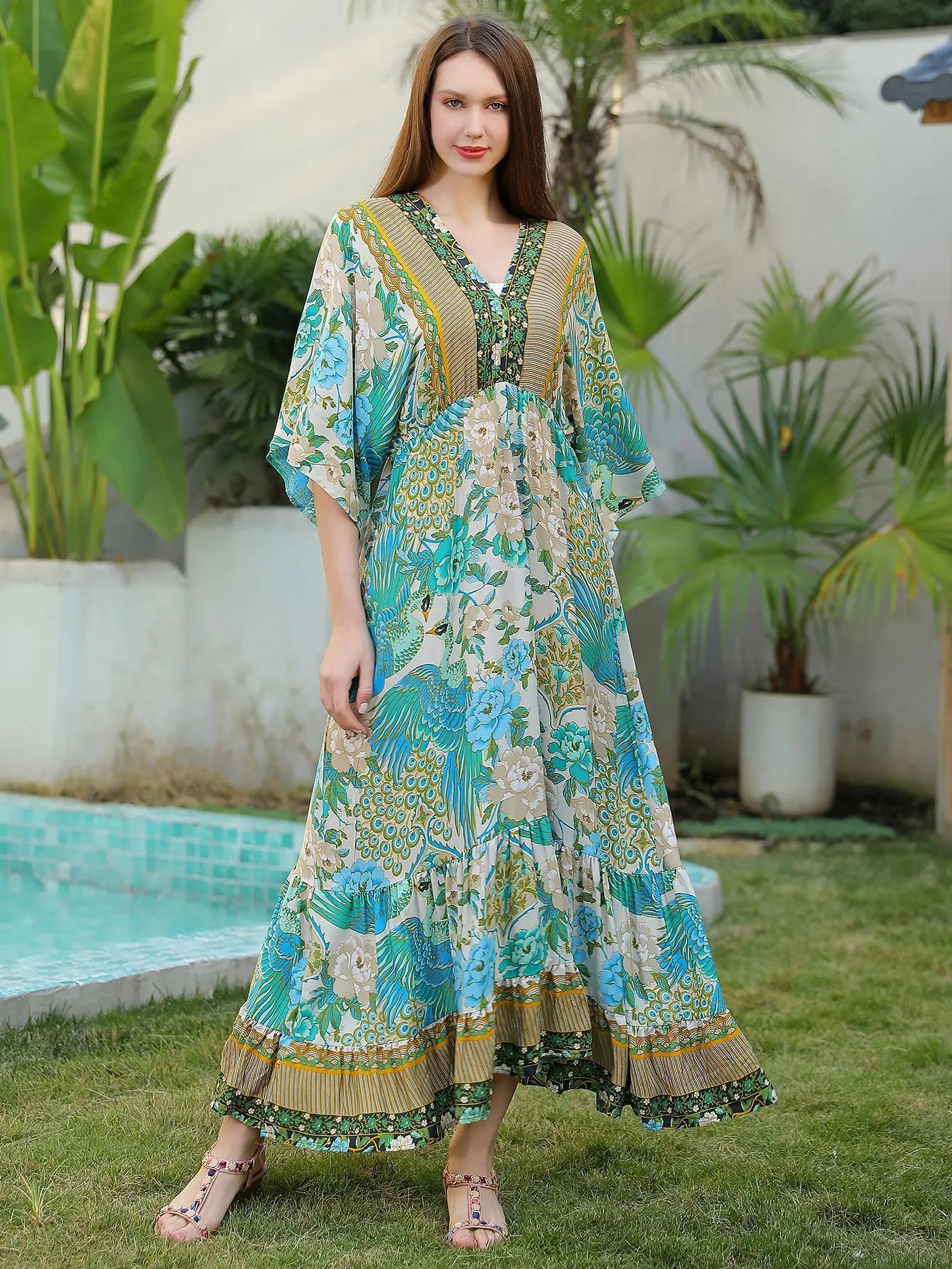 Bohemian Oversize Loose Elastic Waist Maxi Dresses Women Robe Cotton Rayon Floral Printed Long Dress Summer Boho Beach Cover up