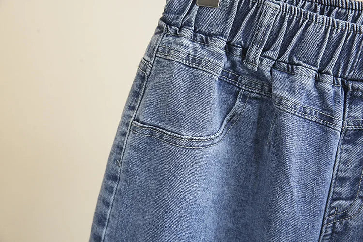 L-6XL Plus Large Size Baggy Jeans Women High Waisted Jeans Woman Mom Jeans Loose Denim Harem Pants Elastic Waist Blue