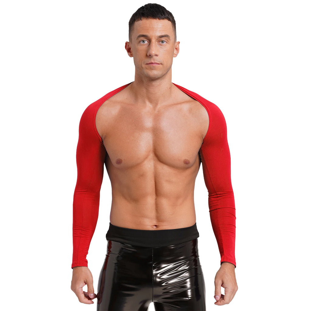Men Open Front Half Crop Top Solid Long Sleeve Cardigan Bolero Shrug Tops Muscle Arm Sleeves Workout Sports Gym Tops Clubwear