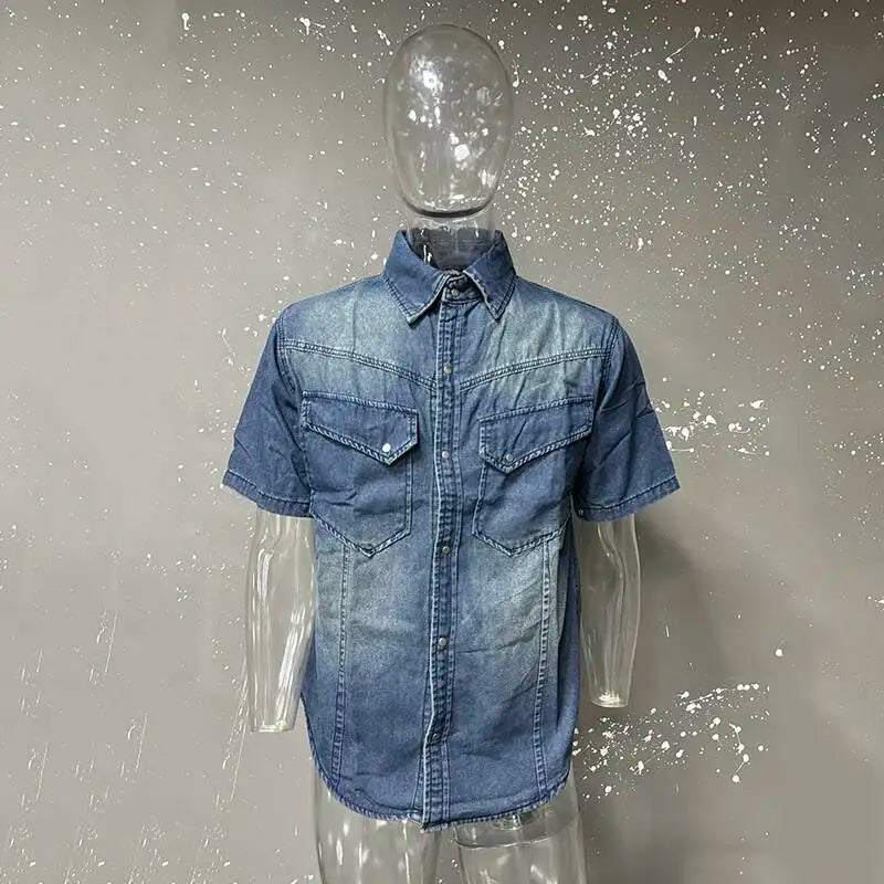 IEFB Niche Design Men's Denim Shirts Turn-down Collar Single Breasted Washing Solid Color Short Sleeved Loose Male Tops 9W2513