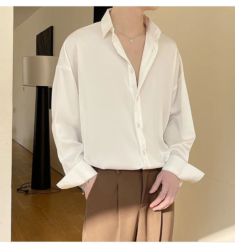 White Long Sleeved Shirt Men Oversized Fashion Social Mens Dress Shirt Korean Loose Ice Silk Shirt Mens Office Formal Shirts