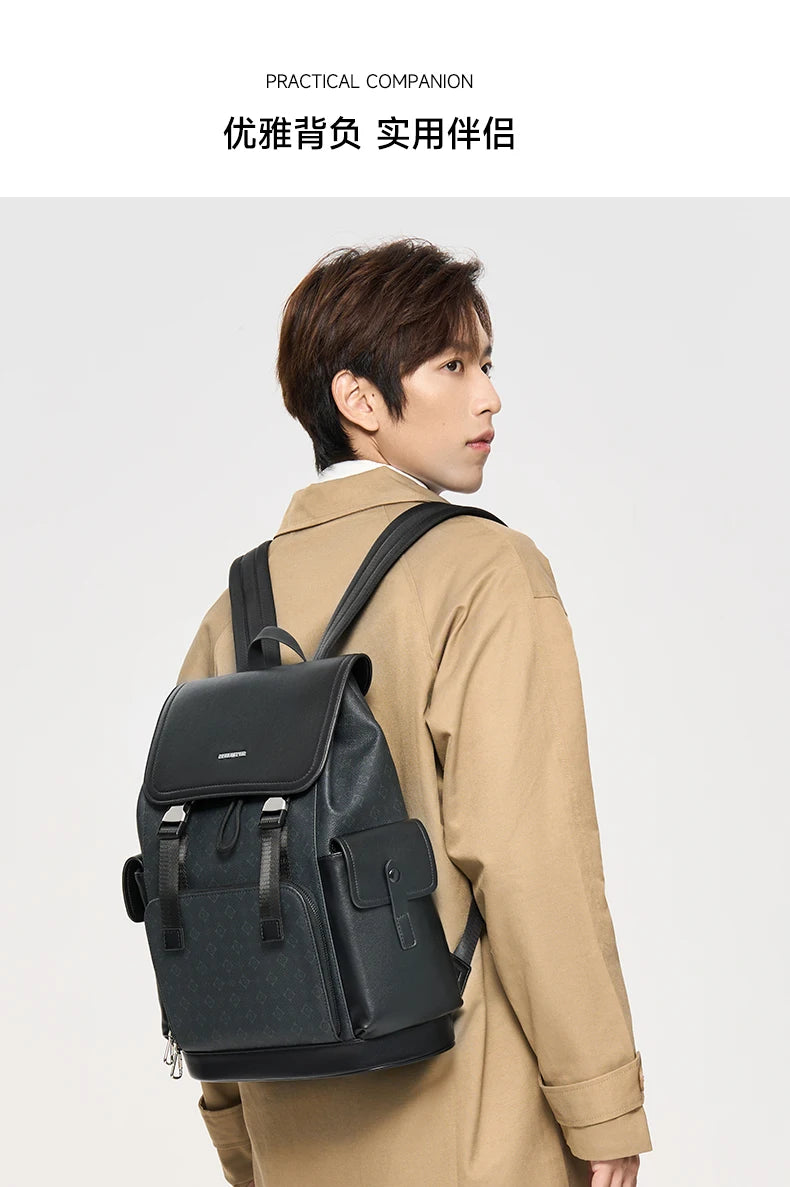 Septwolves Stylish Man Printed Leather Travel Backpack High Qualit Business Work Commuting Flip Print Monogram Laptop Backpack