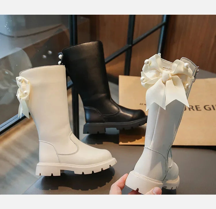 Knee Length Boots Children Shoes New 2024 Autumn Winter Fashion High Top Student Shoes Girls Princess Shoes with Bow Kids Boots