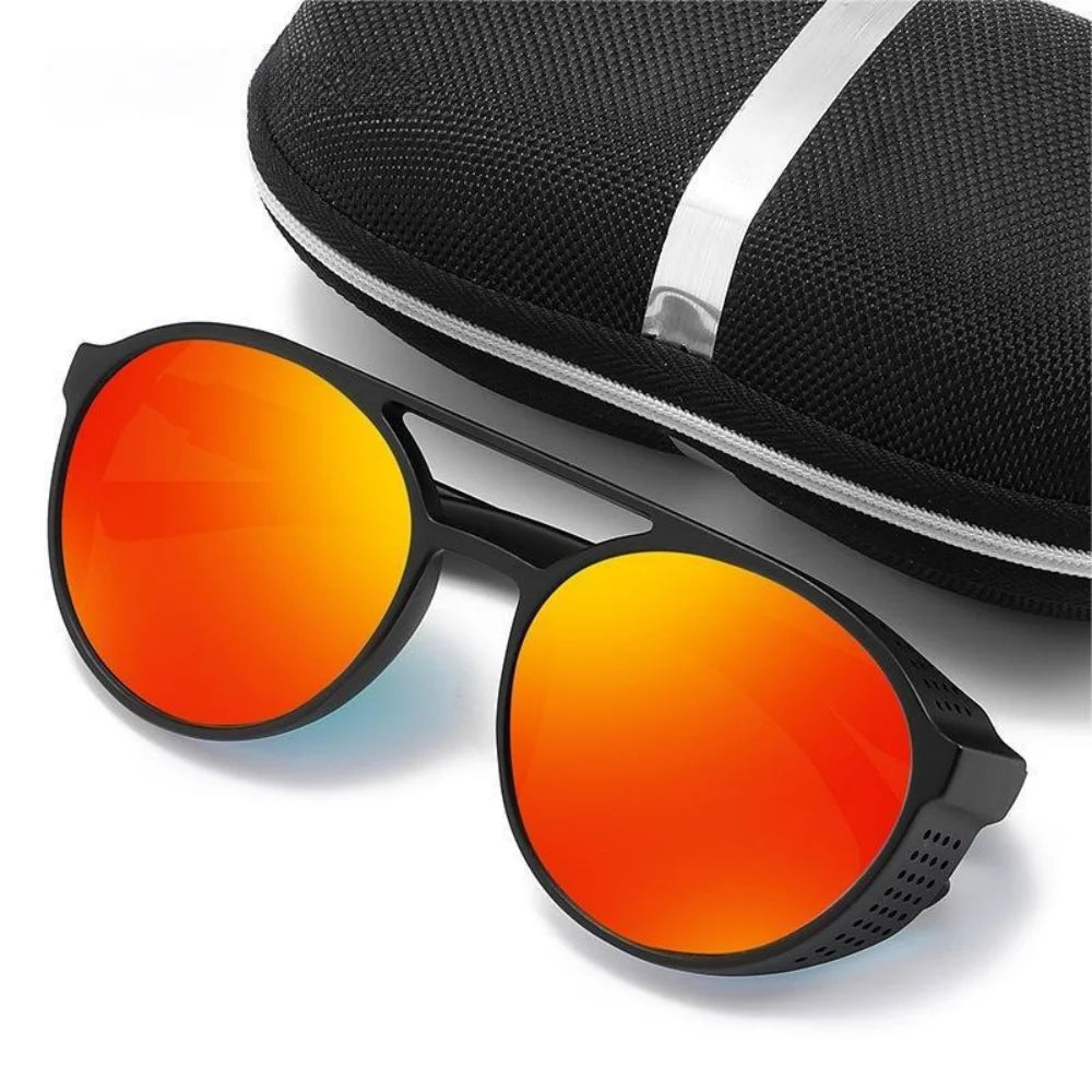 Men Women Polarized Sunglasses Steampunk Sports Sun Glasses Round Frame Eyewear with Side Shield UV400 Protection Driving Shades