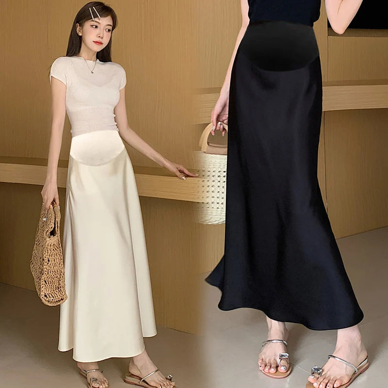 Satin Smooth Drooping Maternity Fishtail Skirts Summer Y2k Youth A Line Pencil Elastic Waist Belly Bottoms for Pregnancy Women