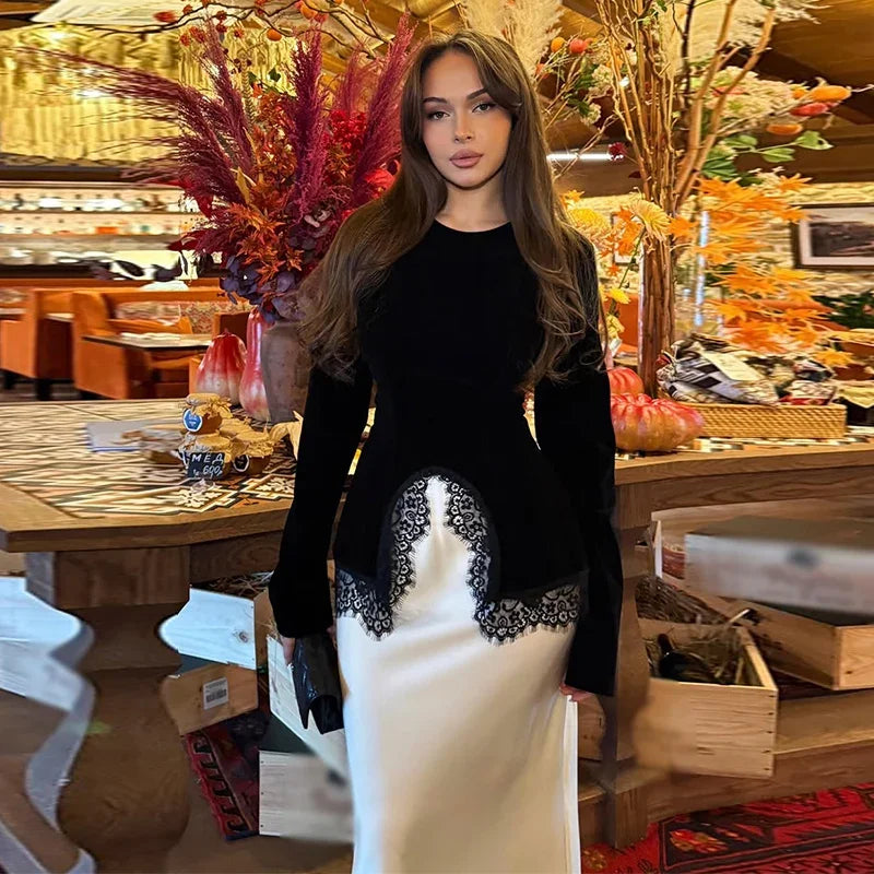 Elegant Lace Velvet Patchwork Women Top Flare Long Sleeve O-neck Split Female Blouse 2026 Spring Summer Lady Clothes New