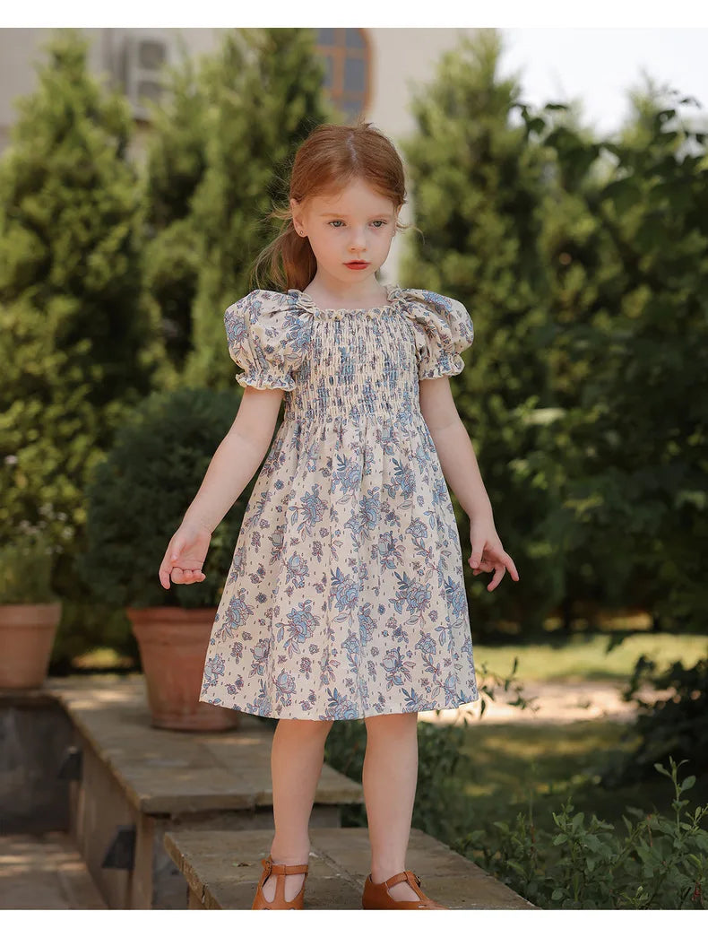 Toddler Girls Floral Princess Dress Little Girl Cotton Short Sleeve Blue Flowers Party Dress Summer Casual Dresses Kids Clothes