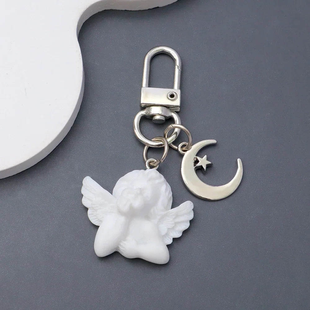 Creative Vintage White Angel Keychain For Women Girl Cute Star Moon Key Chain Car Key Ring Holder Trinket Bag Charms Jewelry